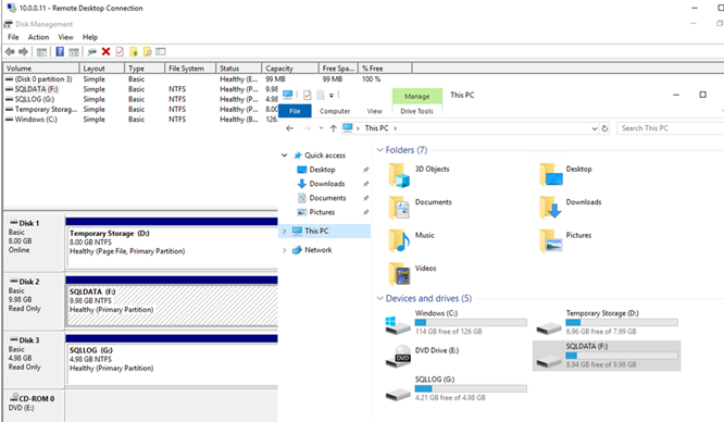 10.0.0.11 - Remote Desktop ConnectionDisk ManagementFile Action View HelpVolume(Disk O partition 3)SQLDATASQLLOGTemporary Storag...Windows (C:)La outSimpleSimpleSimpleSimpleSimpleBasicBasicBasicBasicBasicFile SNTFSNTFSNTFSNTFSemStatusHealthyHealthyHealthyHealthyHealthyCa ac-99 MB9.984.928.ocFile126.Free99 MBComputer% Free100%This PCManageView Drive ToolsThis PCv Folders (7)3D ObjectsDocumentsMusicVideosv Devices and drives (5)Windows (C:)114 freeof 1266BDVD Drive (E)SQLLOG (G:)4.21 (3B free of 4.98 6BSearch This PC* Quick accessDesktopDownloadsDocumentsPicturesThis pcNetwork— Disk 1Basic8.00 6BOnline— Disk 2Basicg.gg 6BRead Only—Disk 3Basic4.98 6BRead OnlyCD-ROM ODVDTemporary Storage (D:)8.00 6B NTFSHealthy (Page File, Primary Partition)SQLDATA9.98 6B NTFSHealthy (Primary Partition)SQLLOG4.98 (3B NTFSHealthy (Primary Partition)DesktopDownloadsPicturesTemporary Storage (D:)6.96 free of 7.99 6BSQLDATA8.94 GB free of 9.98 6B