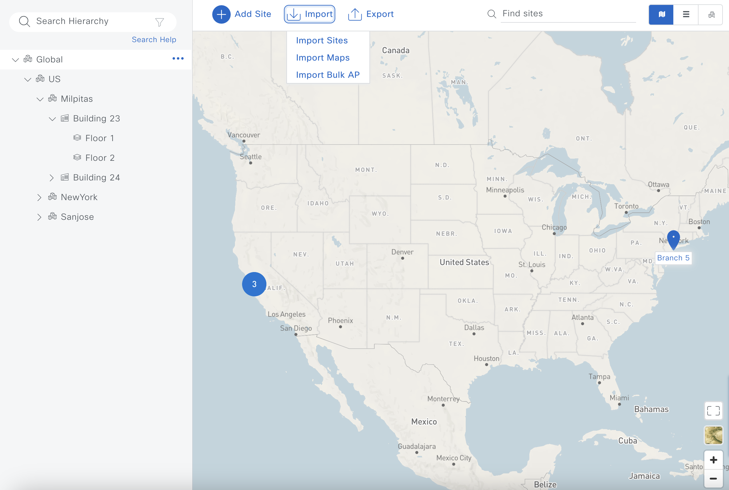 The Cisco DNA Center user interface shows the global map and the functionality for importing maps.