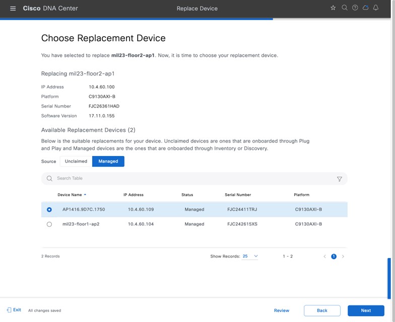 The Choose Replacement Device window displays option to select desired device for replacement from Available Replacement Devices table.