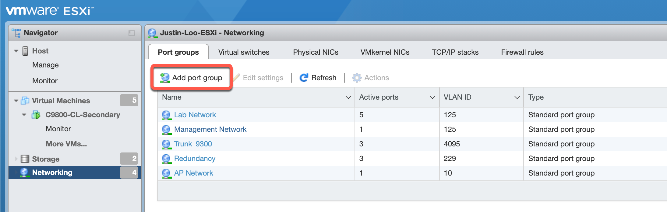 Networking > Port groups and click Add port group