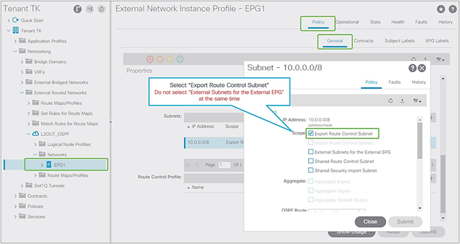 Export Route Control Subnet for Transit Routing GUI (APIC Release 3.2)