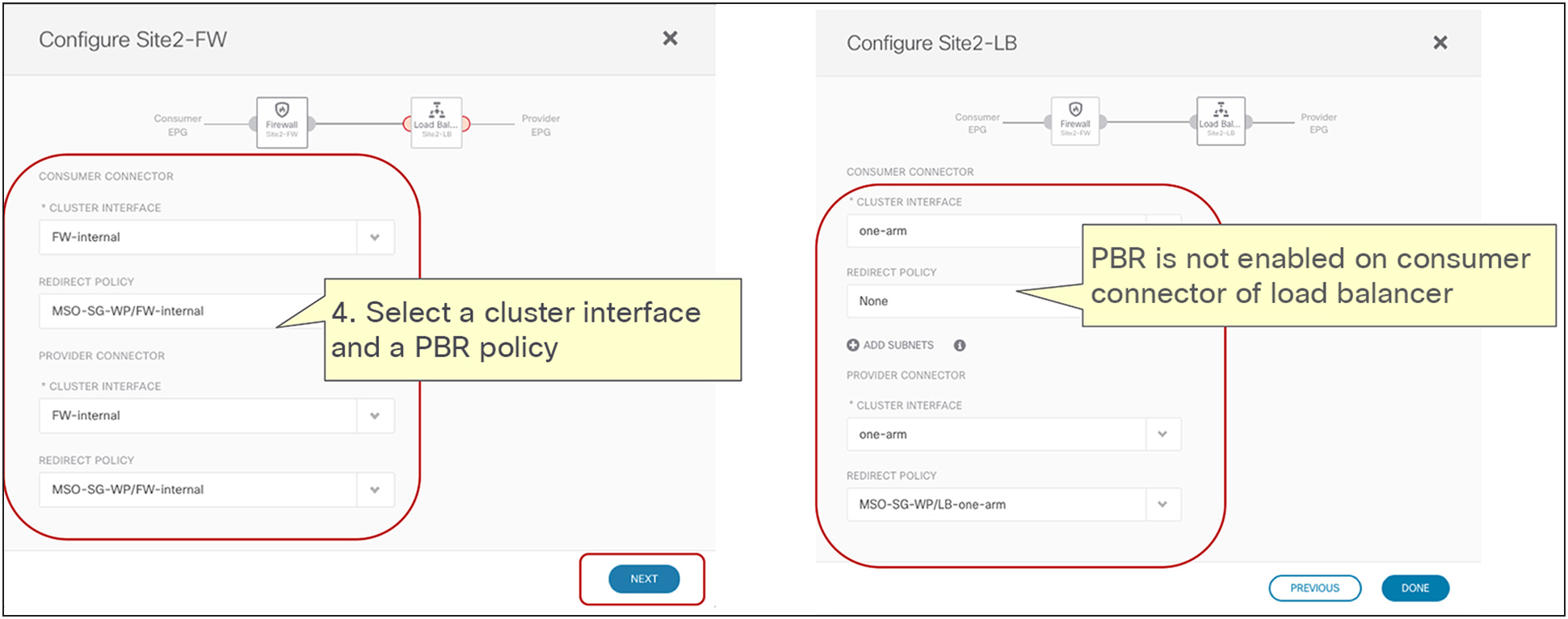 Select the cluster interface and the PBR policy (MSO-site level)