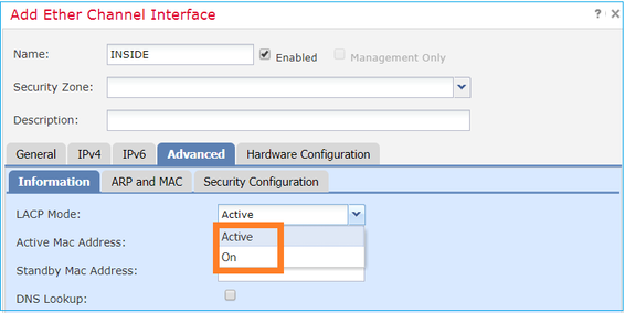 Mode (LACP Active or ON) are Configured from the Advanced Tab