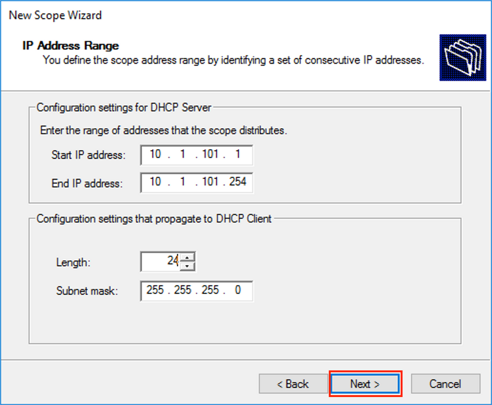 win2016, Define the IP address range for the DHCP scope