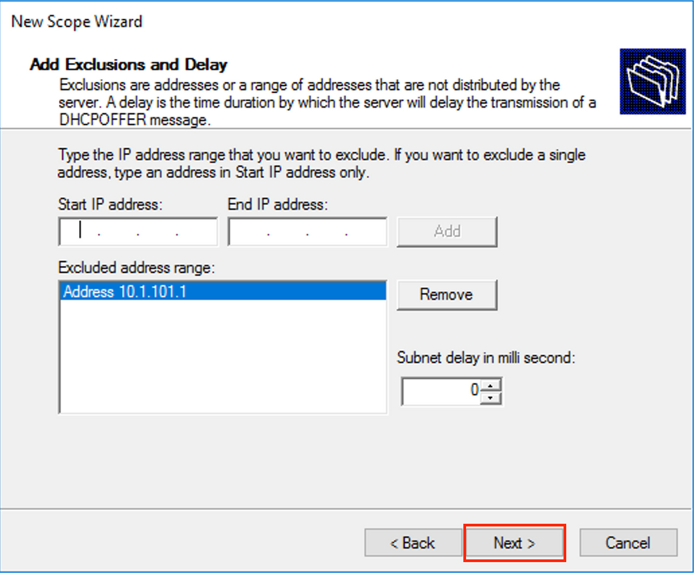 win2016, Define the excluded range from the DHCP scope