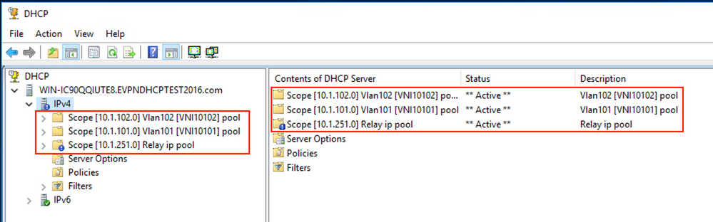 win2016, Defined DHCP Scopes