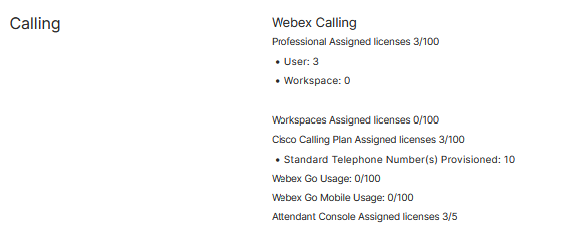 Account Calling License Summary
