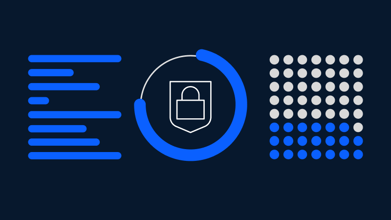 Data bars, a circular security lock icon, and a grid of status dots