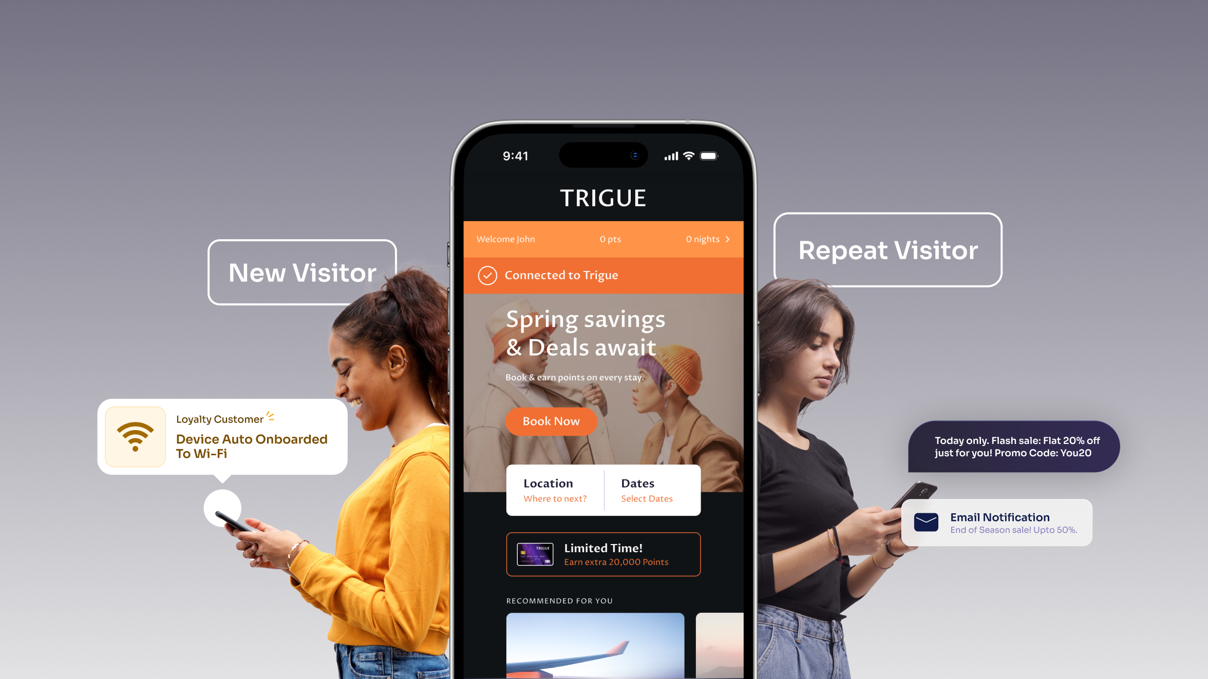 Trigue app showing "Spring savings & Deals await". Left: New visitor auto-onboards to Wi-Fi. Right: Repeat visitor gets flash sale and email alerts.