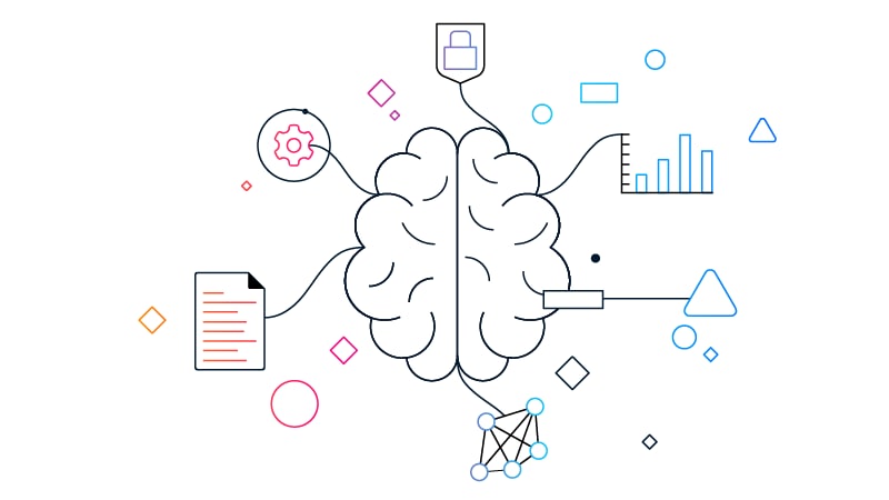 Illustration of AI connecting workplace data, automation, and analytics.