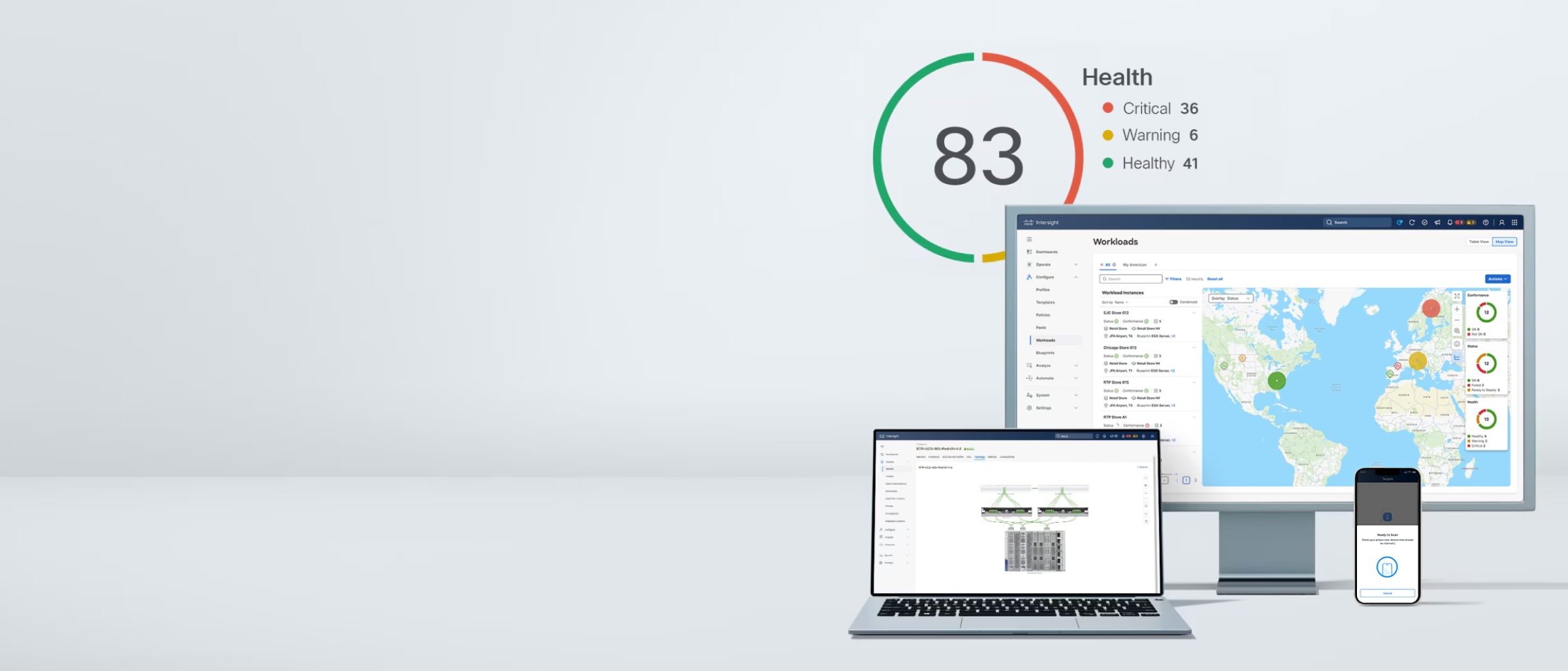 Cisco Intersight cloud operations platform interface displayed on a desktop monitor, laptop, and smartphone, featuring a central health dashboard.