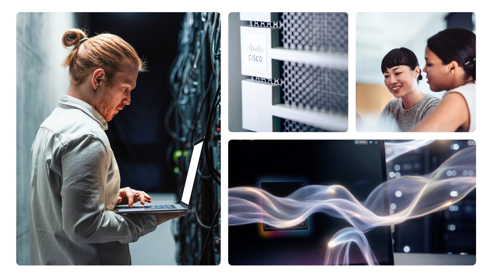 Technician using laptop in Cisco data center