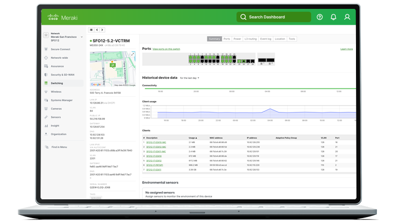 Meraki dashboard displayed on laptop screen