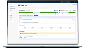 Meraki dashboard showing a connectivity error for "Andy's laptop," highlighting a RADIUS timeout and a VLAN mismatch alert on the IDF-core switch. 