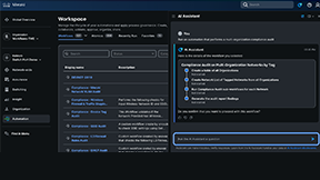 Cisco Meraki Automation Workspace with AI Assistant detailing a Compliance Audit on Multi-Organization Networks by Tag workflow.