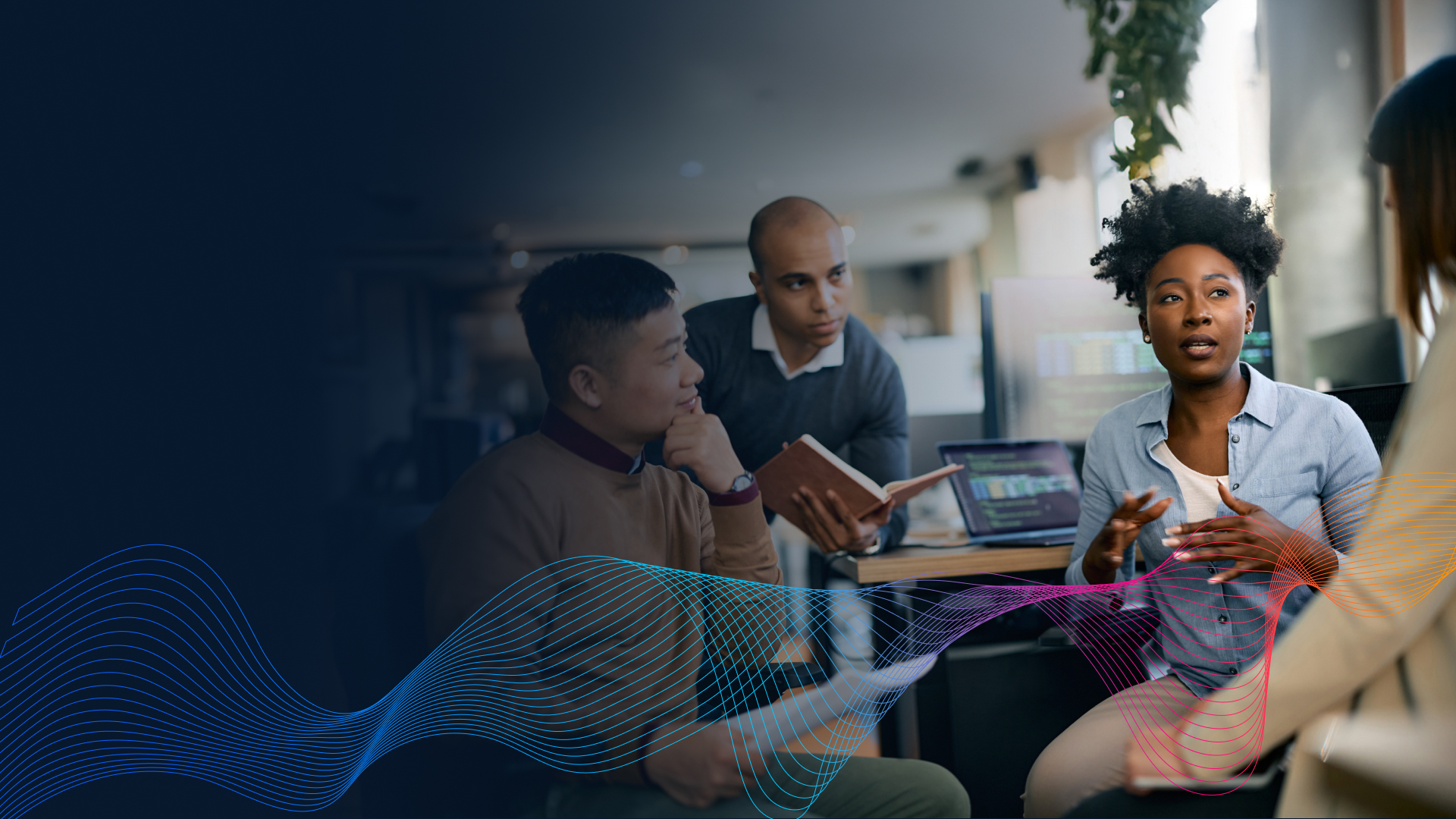 Professionals collaborating in an office setting.