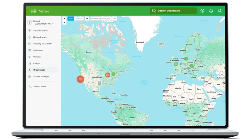 Laptop displaying teleworker locations on a Meraki dashboard