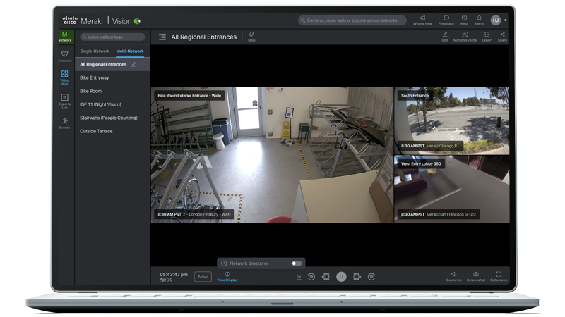 Dashboard from Meraki Vision displaying multiple camera views 