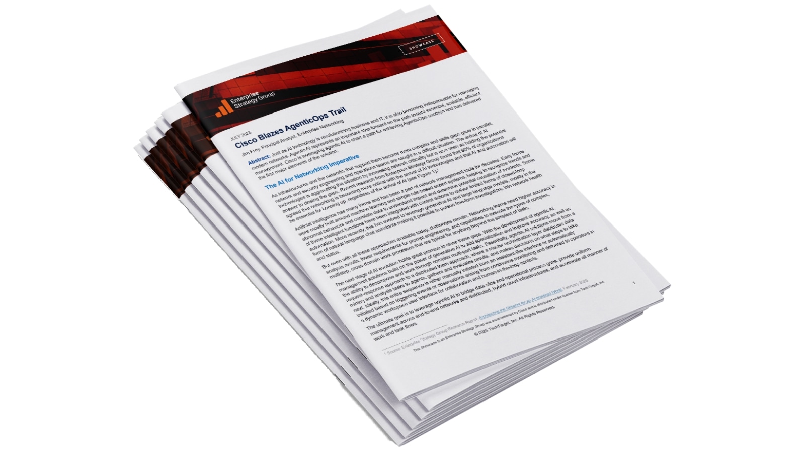 A stack of printed copies of the report from the Enterprise Strategy Group titled “Cisco Blazes AgenticOps Trail,” dated July 2025.