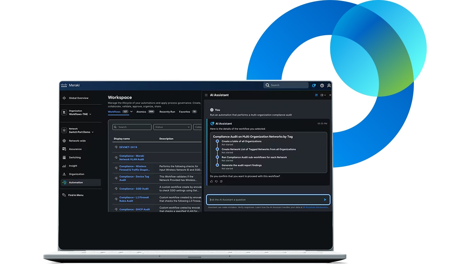 A laptop screen displaying the Cisco Meraki Dashboard's Automation Workspace. An AI Assistant panel on the right shows a proposed four-step workflow for performing a multi-organization compliance audit.